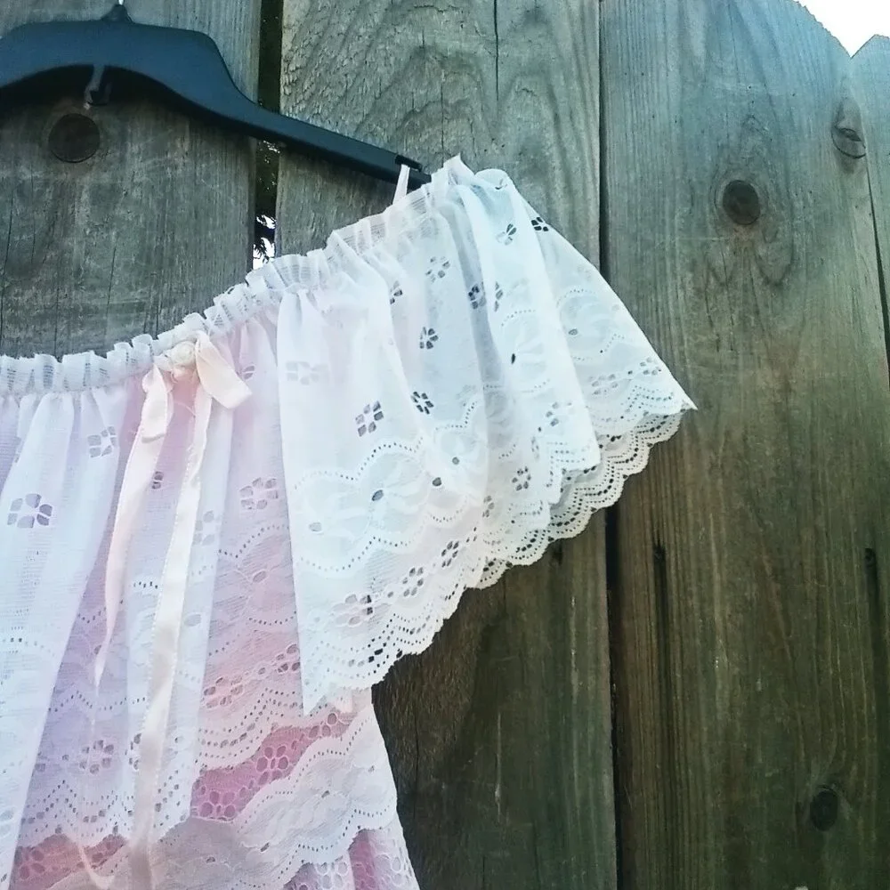 VINTAGE 70'S 80'S DANCE ALLURE MAXI DRESS SZ 8 WHITE PINK OFF SHOULDER TIERED - Picture 4 of 13